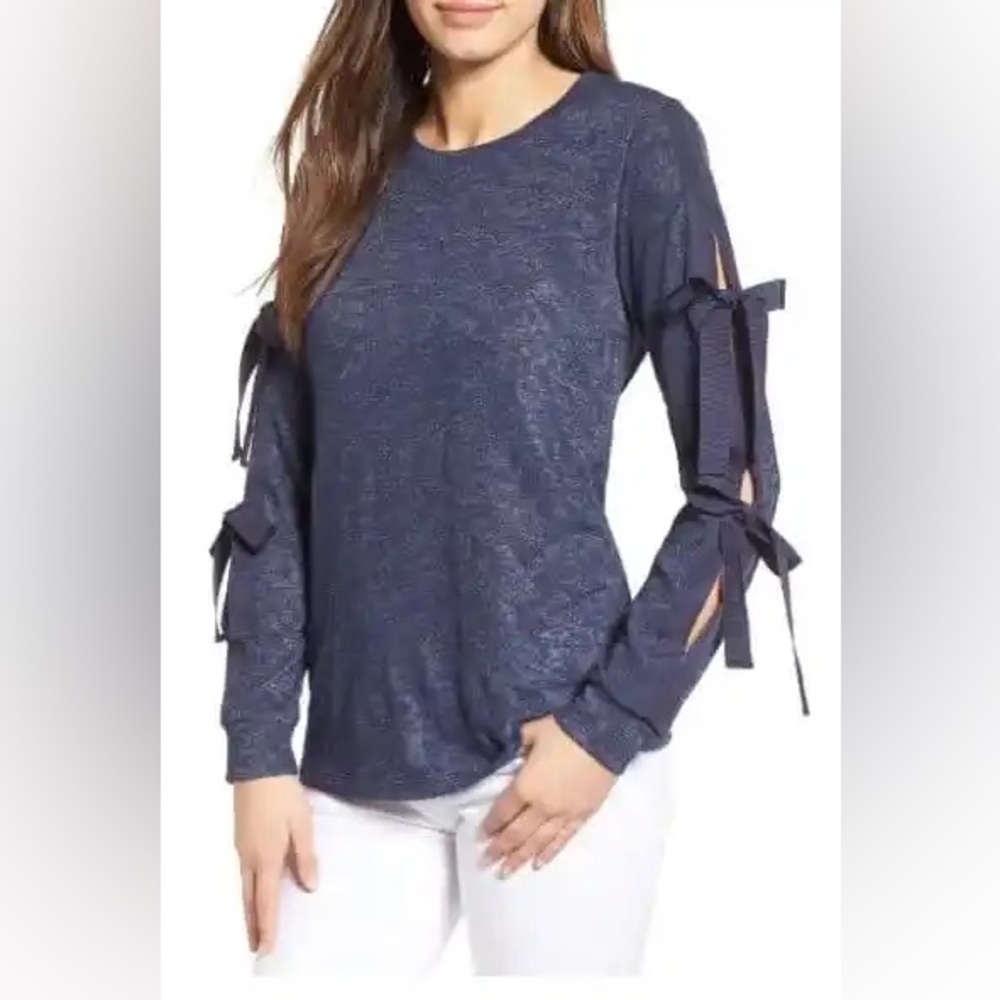 Pleione Navy Long Sleeve Top with Bow Accents